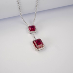 S925 Sterling Silver Lab-Created <b>Ruby</b> Pendant <b>Necklace</b>, Cushion Cut, 12×14 & 10×10 Stones, Rhodium Plated, Item No. ZHF-P1411R V - Product Image 6