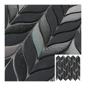 Recycled glass sandy textured leaf shaped gradient black herringbone iridescent art flower mosaic glass tile