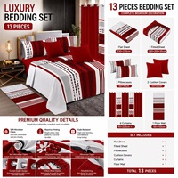 Parure de lit de luxe en coton 13 pièces, taille King, avec drap-housse, rideau et tapis, rouge rose, en lin