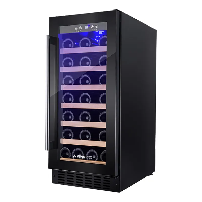 Vinopro 34 Flaschen 91 L Einzelzone-Kompressor Weinkellerkühlschrank mit Kontrolle durch eine schwarze Tür eingebauter freistehender Weinkühlschrank