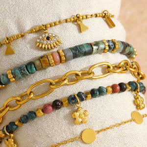 Pulsera de Acero Inoxidable con Baño de Oro PVD de 18K B147T, <span class=keywords><strong>Cadena</strong></span> Texturizada con Cristales de Turquesa Africana y Ojo Turco, Resistente al Agua - Product Image 5