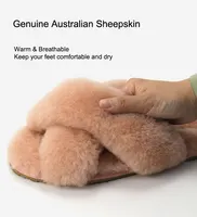 Comfortabele Cross Band Zomer Fuzzy Fluffy Australië Schapenvacht Bont Slides Slippers Voor Vrouwen Open Teen