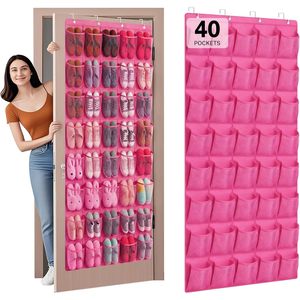 40 Pocket Over The Door <b>Shoe</b> Organizer Hot Pink Mesh Hanging <b>Storage</b> For <b>Shoes</b> Behind Door Wall Mount - Product Image 1