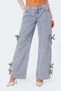 Pantalones vaqueros cargo azul claro para mujer al por mayor con lazos de cinta, de tiro bajo y pierna ancha, estilo coquette Y2K, <span class=keywords><strong>jeans</strong></span> streetwear - Product Image 4