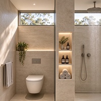 Ensemble de salle de bain moderne sur mesure de luxe, texture pierre, niche LED, design flottant, douche walk-in pour maison haut de gamme