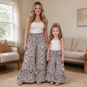 Wholesale Mommy Daughter Matching Outfits <b>Camo</b> Print Wide Leg <b>Pants</b> with Ruffle Trim Casual Clothes - Product Image 1