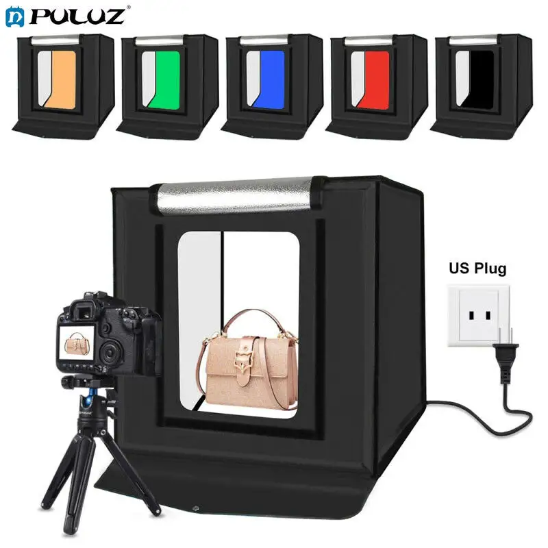 Kit de iluminação dobrável para estúdio fotográfico PUZ PU5040 portátil 24W 5500K 16 polegadas com luz LED caixa de cenário com 6 cores