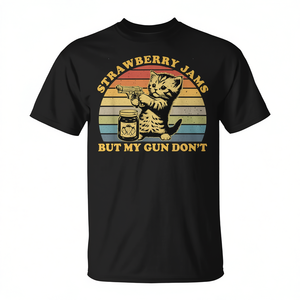 Camiseta Strawberry Jams But My Gun Don't Cat, negra, para adultos, unisex, diseño vintage - Product Image 3