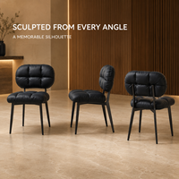 Chaise de salle à manger matelassée en similicuir noir avec dossier rembourré, pieds noirs mats, piétement de table rond en bois