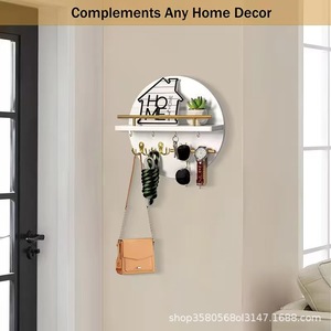 Wooden Wall-Mounted Key Rack Round Shape With <b>Shelf</b> And <b>Hooks</b> For Entryway Storage - Product Image 4