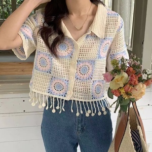 Cárdigan de punto vintage con cordones y manga corta para mujer, top corto con cuello en contraste, a la moda - Product Image 1