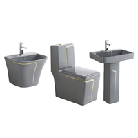 Ensemble complet de sanitaires de salle de bain en céramique gris de luxe avec ligne dorée, comprenant WC monobloc, lavabo sur colonne et bidet