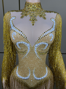Party Outfit Sparkly Rhinestones Printed Lace <strong>Oriental</strong> <strong>Dance</strong> Costume Yellow <strong>Dress</strong> for Women