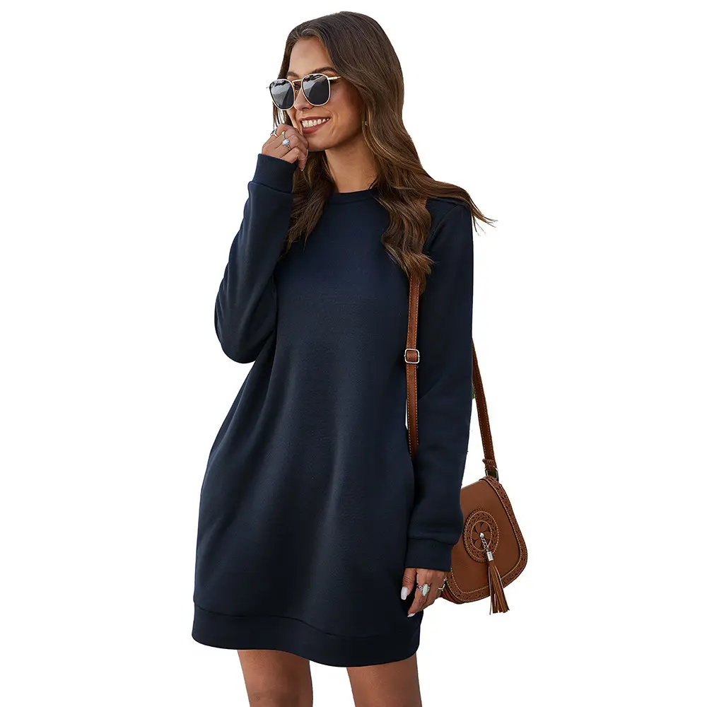 2023 New Fashion Women Round Neck Dress Casual Lady Long Sleeve Dresses