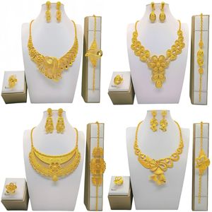 Women's 22k Gold Plated Jewelry Set Necklace Earrings Ring <b>Bracelet</b> Wedding Luxury <b>Flower</b> Design - Product Image 1