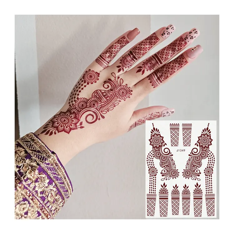 Grosir kustom tidak beracun tahan air palsu coklat merah putih sementara alami jari India penuh stiker tato Henna tangan