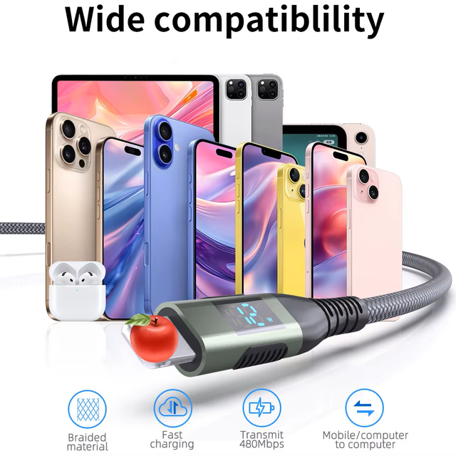New LED Digital Display Data Cable for Mobile Phone Charging, USB to 8-pin Lighting Compatible with Phone and Tablets
