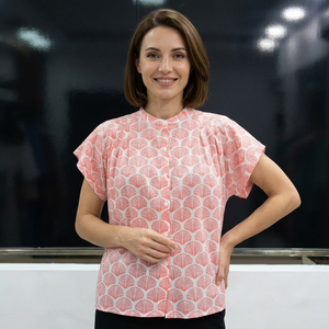 Blusa de Mujer Estilo Coreano Vintage, 100% Algodón, Estampado de Conchas Rosadas, Manga Casquillo, Cuello Mao, Botones, Informal, Primavera-Verano, Corte Regular - Product Image 1