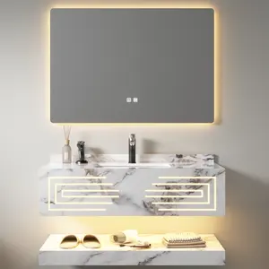Mueble de <span class=keywords><strong>baño</strong></span> Mable con luz Led, armario de <span class=keywords><strong>baño</strong></span> de pizarra de roca de doble capa, moderno Hotel SIMU con espejo, precio barato, 80cm - Product Image 1