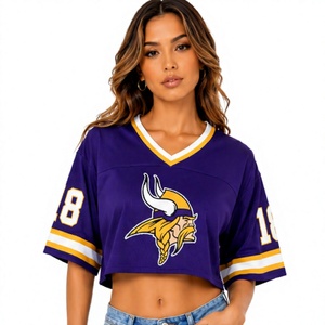 Damen Minnesota Vikings Lila V-Ausschnitt Kurzarm Mesh American Football Trikot Nummer 18 Crop Top - Product Image 1