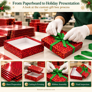 Custom <b>Square</b> Rigid Gift Box With Lid And Green Ribbon Bow Red Geometric Pattern Paper Packaging - Product Image 3