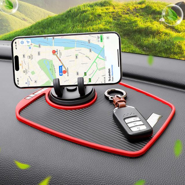 Square Vertical Strip Car Anti-Slip Dashboard Mat With 360° Rotation Phone Holder Multifunctional Red Edge Car Dash Non Slip Mat
