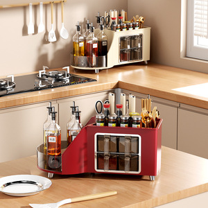 Kitchen Condiment Rack Countertop Storage Organizer With Spice Jars Oil Vinegar Bottles And Utensil Holder Beige Red - Product Image 3