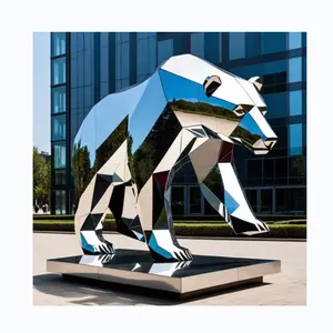 Polished Stainless Steel Life Size Bear Sculpture Geometric Mirror Bear Sculpture Stainless Steel