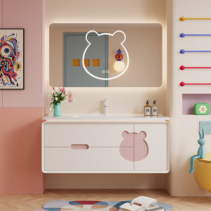 New gentle healing cream style integrated ceramic basin intelligent bear mirror oak baked <b>paint</b> bathroom cabinet - Product Image 2