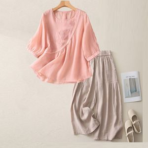 Women's Cotton Linen Embroidered Set Three Quarter Sleeve Loose Casual Pants Breathable Artistic Retro Style - Product Image 4