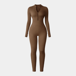 Traje de Yoga de una pieza de <span class=keywords><strong>manga</strong></span> <span class=keywords><strong>larga</strong></span> para mujer, cremallera, agujero para el pulgar, sin costuras, <span class=keywords><strong>ajustado</strong></span>, para correr, Fitness, <span class=keywords><strong>mono</strong></span> deportivo - Product Image 1