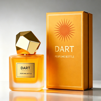 Flacons de parfum carrés en verre de luxe de 30 ml et 50 ml avec bouchon doré géométrique, couleur personnalisée et boîte d'emballage disponibles