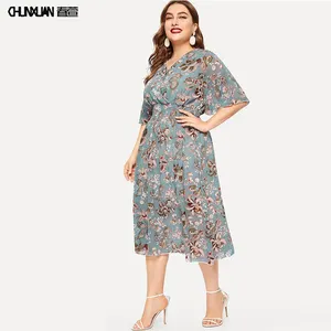 V boyun kısa kollu Bohemian Maxi tasarımları artı boyutu şifon şişman kadın elbise