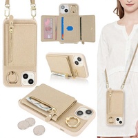 Casing Ponsel Dompet Kulit Elektroplating untuk iPhone 15, Anti Benturan, Tali Selempang, Tempat Kartu, Kantong Koin Resleting, Penyangga Cincin