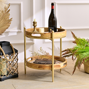 Ensemble de table basse et table d'appoint INNOVA de style européen antique, en bois durable, design rond, avec pieds en métal - Product Image 3