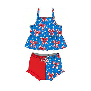 Vente en gros de pyjamas pour petit garçon, boutique pour enfants, imprimé étoiles et rayures du 4 juillet, ensemble de vêtements d'été à manches courtes pour tout-petits - Product Image 3