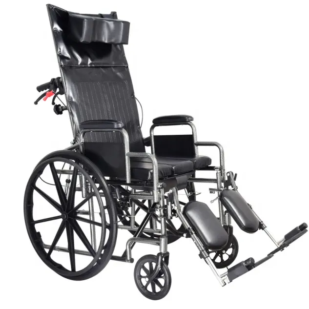 New High-quality Reclining High Back Toilet Commode Chair Manual Wheelchair with Elevating Legrest