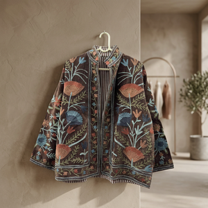 Blouson Bomber en Velours Brodé Floral pour Femme, Col Montant, Manches Classiques, Vêtement d'Automne, Style Bohème Suzani - Product Image 3