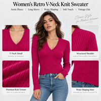 Pull tricoté côtelé vintage pour femme, col en V, épaulettes, manches longues, taille cintrée, automne-hiver, avec logo personnalisé OEM ODM