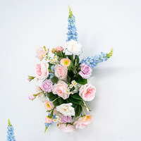 Set Bunga Pilar Artifisial Biru Pastel Pink, Campuran Mawar Delphinium Hydrangea untuk Dekorasi Pernikahan, Lorong, dan Pesta