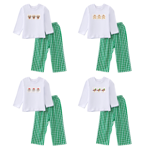 Conjunto de Ropa de Algodón Personalizado para Niños, Traje Casual para Niños Pequeños para el Día de San Valentín, Camiseta Blanca de Manga Larga con Bordado, Azul - Product Image 4