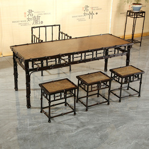 Antique Chinese Style Qiong <b>Bamboo</b> Tea Table Set With 4 <b>Stools</b> Wabi Sabi Design For Dining Room - Product Image 1