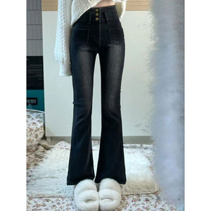 Pantalones vaqueros acampanados de cintura alta para mujer, talla XL, negro, gris, estilo primavera Otoño, pantalones elásticos Adelgazantes en forma de pera, pantalones sexis de talla grande para mujer - Product Image 4