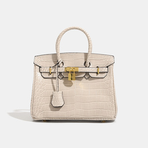 Sac à main de luxe pour femme en cuir véritable avec motif crocodile, poignée supérieure et fermoir - Product Image 5
