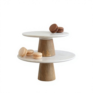 Juego de 2 Soportes para Pastel de Mármol Blanco con Pedestal de Madera, Soporte Elegante para Postres y Alimentos, Elevadores para Pastel de Boda - Product Image 1