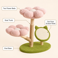 Arbre à chat rose en forme de fleur avec deux lits en peluche, support de style branche et griffoir en forme d'oreilles de chat, conception personnalisée OEM ODM