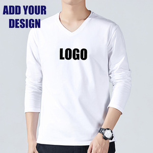 Camiseta informal de algodón con cuello en V, manga larga, lisa, personalizable con el logotipo de tu marca, camiseta para hombre, venta al por mayor, impresión de camisetas para hombre - Product Image 1