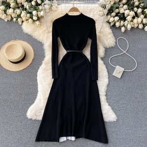 Nueva Llegada Francés Elegante de Punto de Costura Sólido Plisado Slim-Fit Empire Cintura Grande Swing Vestido de Mujer Vestido de Otoño - Product Image 4