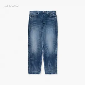 定制高品质日本男士镶边牛仔牛仔裤复古蓝色水洗宽松合身Y2K裤