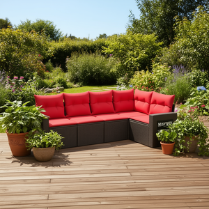 Set di divani da giardino in polyrattan marrone Maveity da 6 pezzi con cuscini, mobili da esterno resistenti - Product Image 2